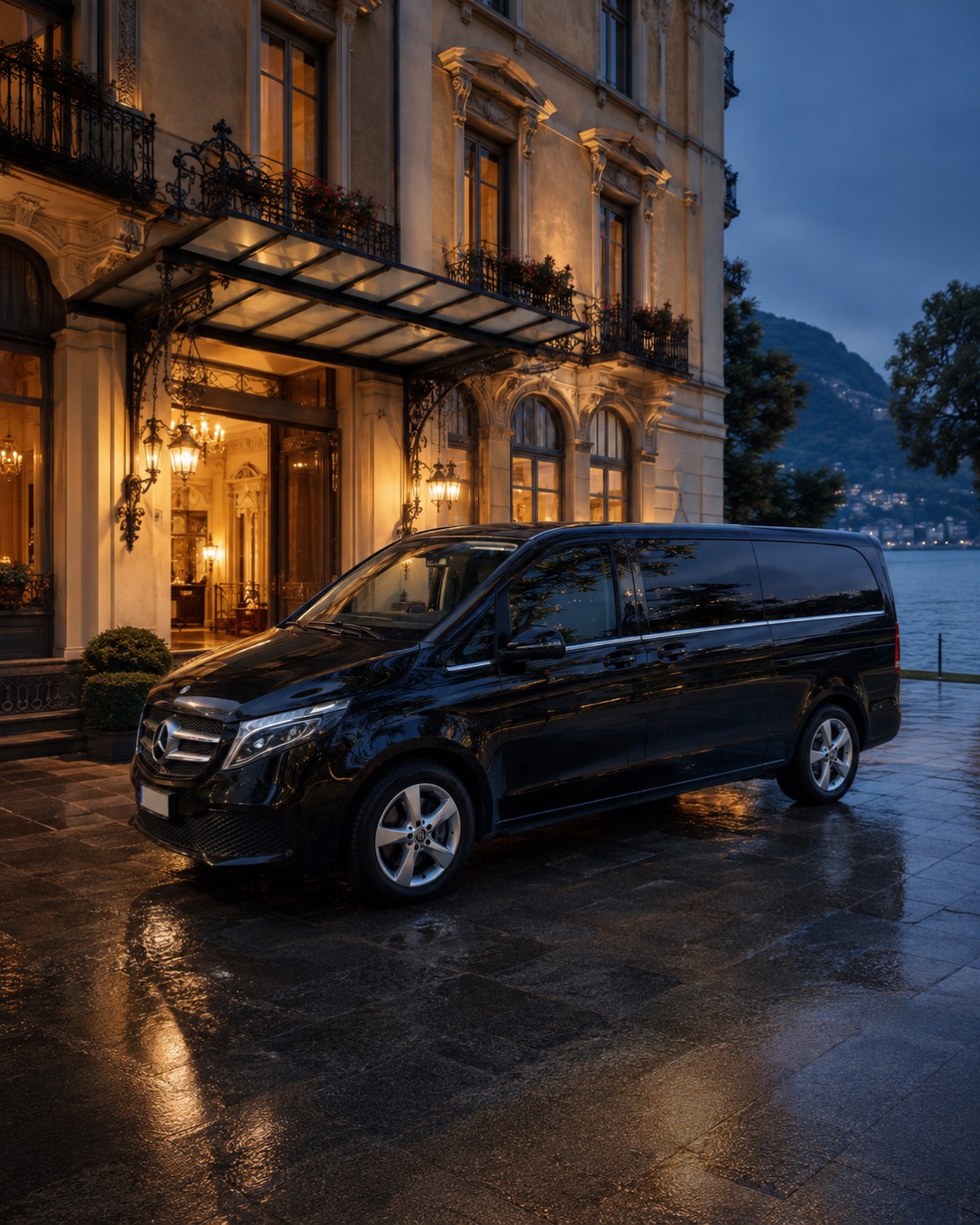 Van Mercedes Classe V davanti a un hotel storico affacciato sul lago